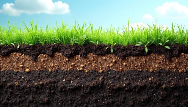 Cross-section of soil layers, showing roots, grass, humus, and stones ,  roots,  grass