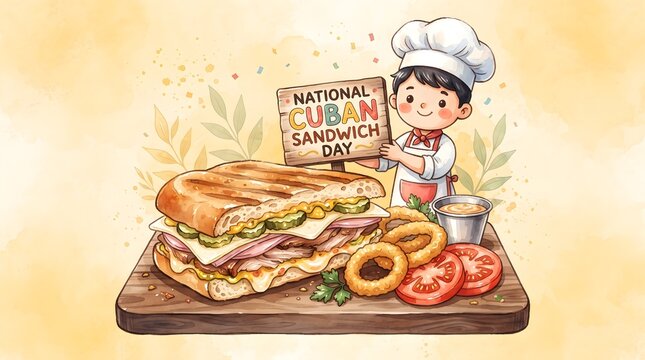 Vector Clipart of National Cuban Sandwich Day Cute Chef Holding Sign with Cuban Sandwich on Yellow Background