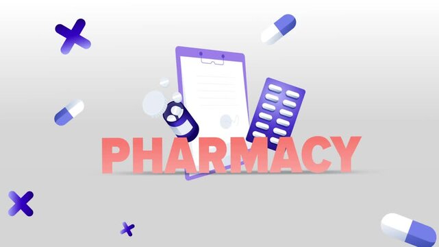 Pharmacy Typography with Medical Clipboard, Pill Bottle, Capsule Blister Pack and Pills on White Background