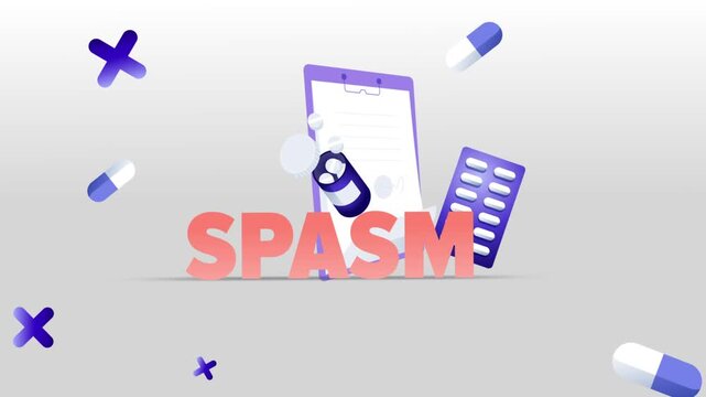 Spasm Typography with Medical Clipboard, Pill Bottle, Capsule Blister Pack and Pills on White Background