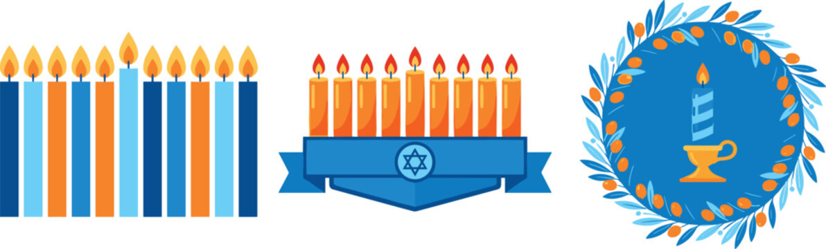 Jewish Hanukkah Holiday Vector Icon Set with Menorah Candles Star of David Ribbon and Decorative Wreath Elements for Festival Celebration Card Designs