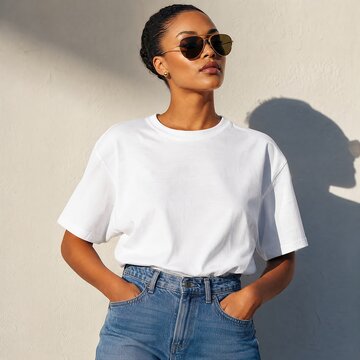 Woman wearing a white t-shirt and blue jeans stands against a concrete wall while sporting sunglasses.