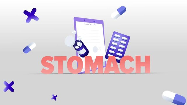 Stomach Typography with Medical Clipboard, Pill Bottle, Capsule Blister Pack and Pills on White Background