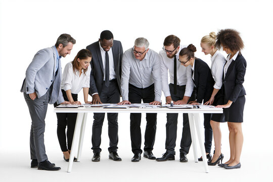 Business Professionals Standing Around Conference Table Isolated on White Background