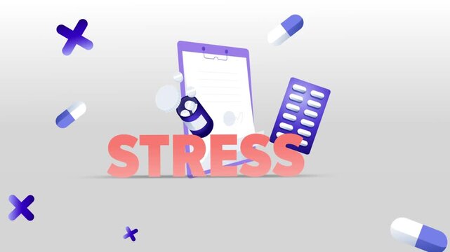 Stress Typography with Medical Clipboard, Pill Bottle, Capsule Blister Pack and Pills on White Background