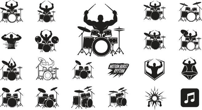 Black and white illustration of a drummer playing a drum set with bass drum, musical instruments