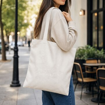 Tote bag made of canvas is carried by a woman walking past an outdoor cafe in the city center.