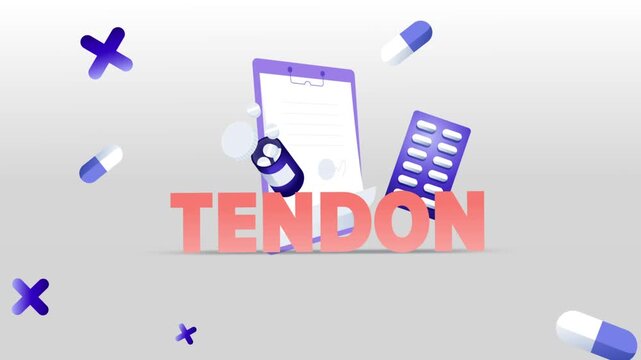 Tendon Typography with Medical Clipboard, Pill Bottle, Capsule Blister Pack and Pills on White Background