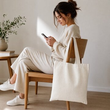 Woman relaxes in a bright room while looking at her phone with a canvas tote bag hanging on her chair.