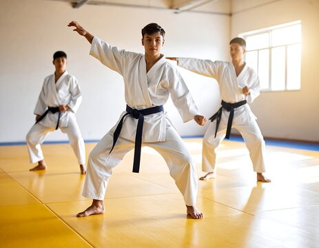 Young men practice martial arts in a dojo