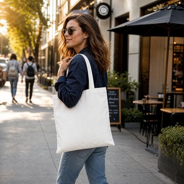 Tote bag mockup features a plain white canvas design carried by a woman walking on a busy city sidewalk.