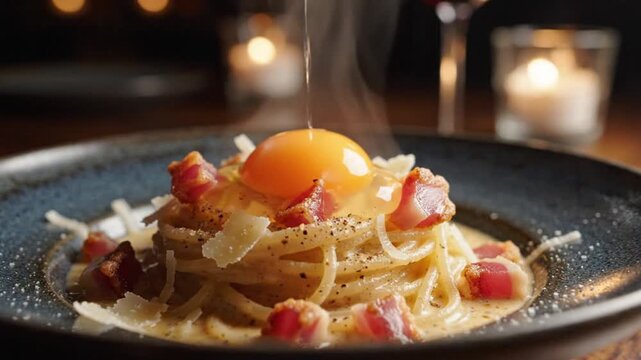 Delicious Steaming Spaghetti Carbonara with Crispy Bacon and Grated Parmesan Cheese in a Restaurant