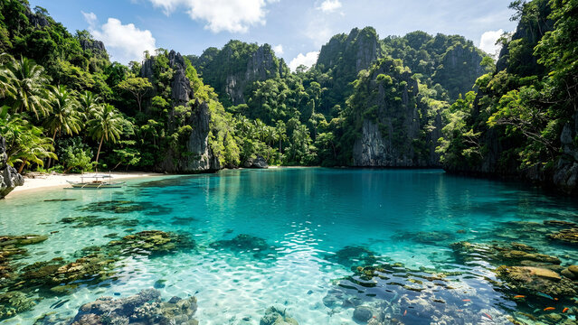 a magical hidden blue lagoonb surrounded by towering rainforest_covered limestone cliffs