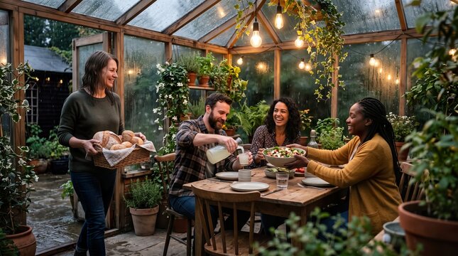 Diverse Friends Enjoying Dinner Together in Cozy Garden Greenhouse