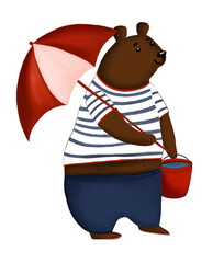 Cute cartoon bear character holding a red and white umbrella and a small bucket. Sailor teddy bear walking on a rainy day or beach vacation, nautical summer theme. Hand drawn digital illustration isol