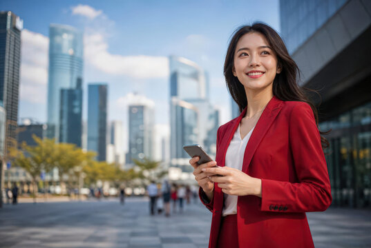 asian businesswoman in red suit holding smartphone smiling in modern city