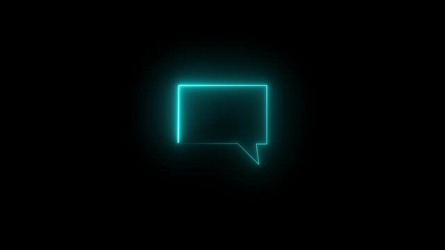 Glowing cyan neon chat dialog symbol. An SMS message icon on a dark background, chat and communication, sending messages, discussion, reply, customer support and communication.