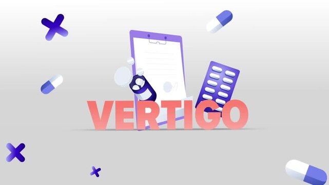Vertigo Typography with Medical Clipboard, Pill Bottle, Capsule Blister Pack and Pills on White Background