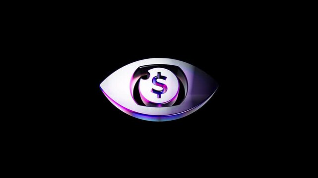 Shiny metallic eye symbol with a dollar sign inside representing digital wealth and financial vision 3D Icon