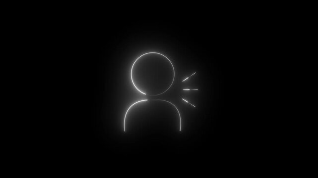 Glowing neon white icon of a user profile avatar with sound or speech lines emanating from the mouth area against a black background. Animated voice command, talking user, speech recognition.