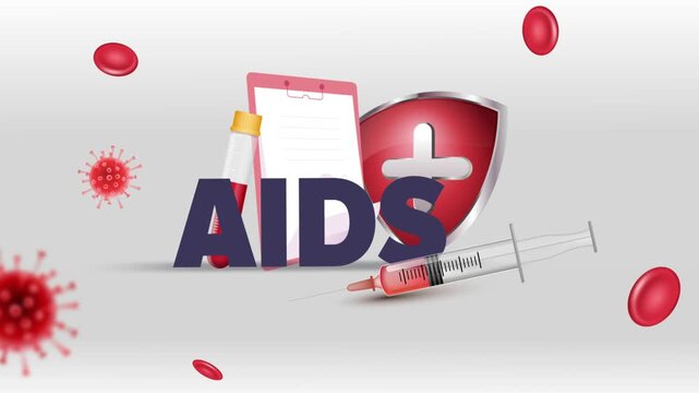 AIDS Typography with Patient Clipboard, Blood Test Tube, Syringe, Red Cross Shield and Red Blood Cells on White Background