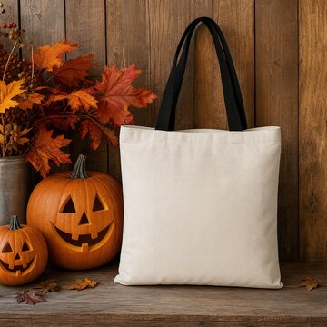 Tote bag made of canvas sits on a rustic wooden surface next to two carved jack-o'-lantern pumpkins.
