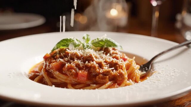 Delicious Steaming Spaghetti Carbonara with Crispy Bacon and Grated Parmesan Cheese in a Restaurant