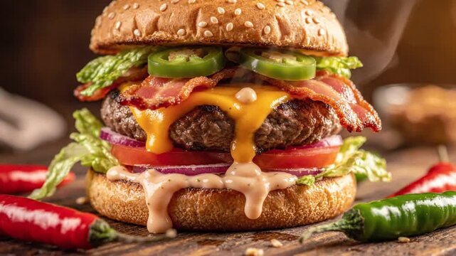 Delicious juicy beef burger with melted cheese and crispy bacon served hot with steam and dripping sauce