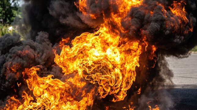 A powerful, uncontrolled fire erupts with flames billowing amidst dense, dark  smoke. This dangerous blaze suggests destruction, emergency, and intense heat, suitable for themes of accidents or danger