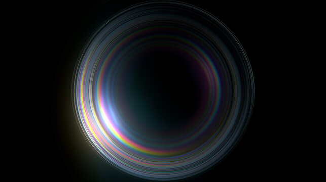 Prismatic optical halo with concentric rainbow rings on black, bright solar flare with a rainbow halo and optical refraction, bright optical glow,  abstract optical illumination effect with colorful 