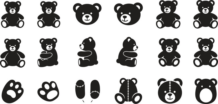Collection of black and white teddy bear icons in various poses and styles with stuffed animal