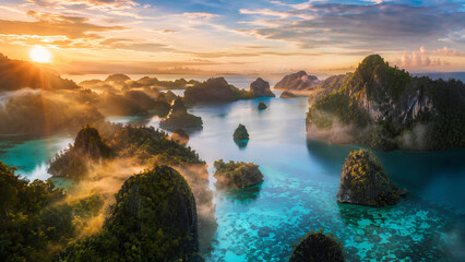 the most breathtaking cinematic aerial view ever imagined of Raja Ampat, Southwest Papua, Indonesia
