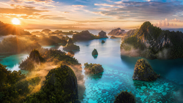 the most breathtaking cinematic aerial view ever imagined of Raja Ampat, Southwest Papua, Indonesia