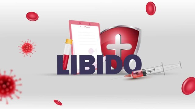Libido Typography with Patient Clipboard, Blood Test Tube, Syringe, Red Cross Shield and Red Blood Cells on White Background