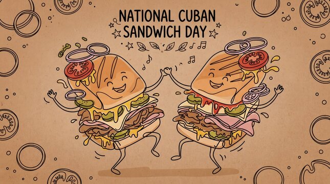 National Cuban Sandwich Day Continuous Line Art Happy Cuban Sandwich with Color Accents Concept Illustration