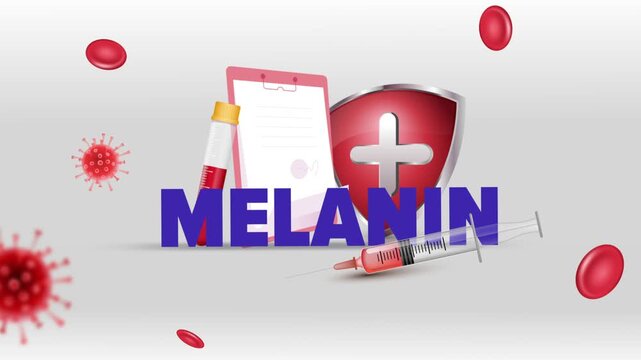 Melanin Typography with Patient Clipboard, Blood Test Tube, Syringe, Red Cross Shield and Red Blood Cells on White Background