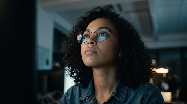 Close-up Black female programmer with code reflection in glasses working late in home office at night. Cybersecurity, AI algorithm, Network security, software developer, serious face, burnout concept.