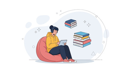 Obraz premium Young person in headphones with tablet, sitting on beanbag chair, surrounded by flying books and abstract shapes, modern vector illustration