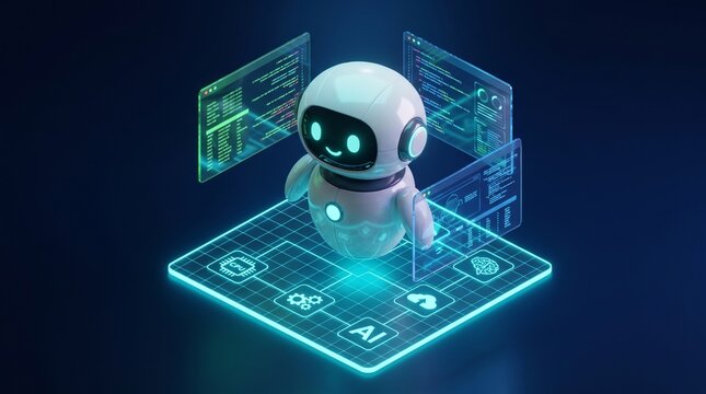 AI agent robot workflow automation orchestrator artificial intelligence data coding icon flow process assistant technology futuristic 3d rendering. 
