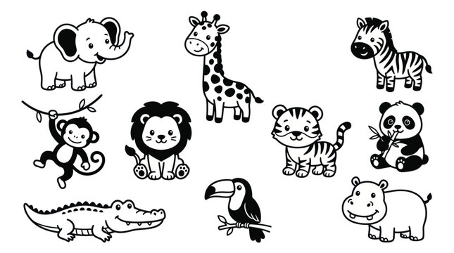 Cute Cartoon Jungle Wild Animals Vector Set
