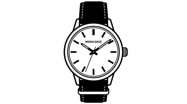Minimalist black and white line art illustration of a classic wristwatch with leather strap.