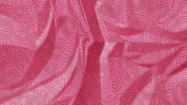 Pink topographic map line pattern on crumpled silk fabric background