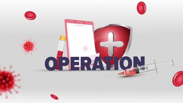 Operation Typography with Patient Clipboard, Blood Test Tube, Syringe, Red Cross Shield and Red Blood Cells on White Background
