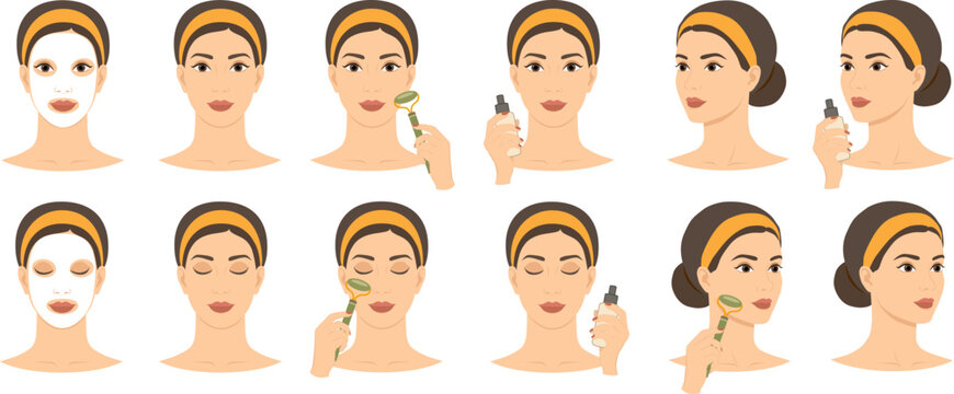 Woman Daily Skincare Routine Set with Facial Mask Jade Roller and Serum Bottle Vector Beauty Illustration. Female Face Skincare Collection Big Set. Front Side Views