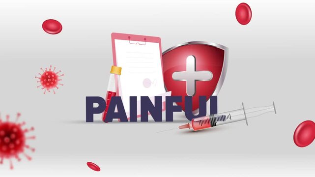 Painful Typography with Patient Clipboard, Blood Test Tube, Syringe, Red Cross Shield and Red Blood Cells on White Background