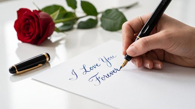 Romantic love letter with fountain pen and red rose, hand writing I Love You Forever on white paper, elegant calligraphy for Valentines Day