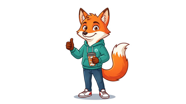Friendly fox cartoon mascot character holding a coffee cup thumbs up.