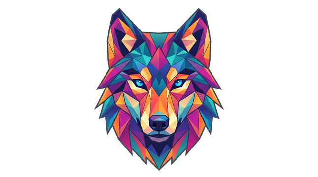 Stylized wolf head with vibrant geometric polygons colorful design.