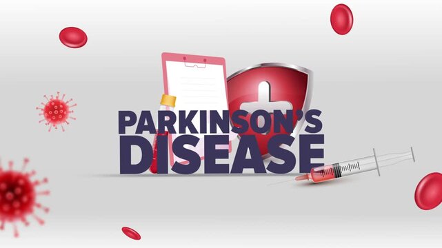 Parkinson's Disease Typography with Patient Clipboard, Blood Test Tube, Syringe, Red Cross Shield and Red Blood Cells on White Background