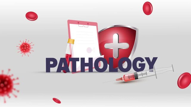 Pathology Typography with Patient Clipboard, Blood Test Tube, Syringe, Red Cross Shield and Red Blood Cells on White Background